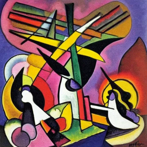 Prompt: a abstract painting coven of witches by kandinsky