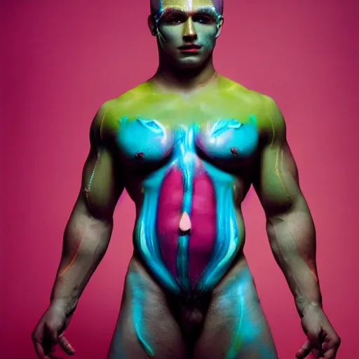 Prompt: extremely muscular man with effonate face and intricate fluorescent body paint, studio portrait photography, Portra 800
