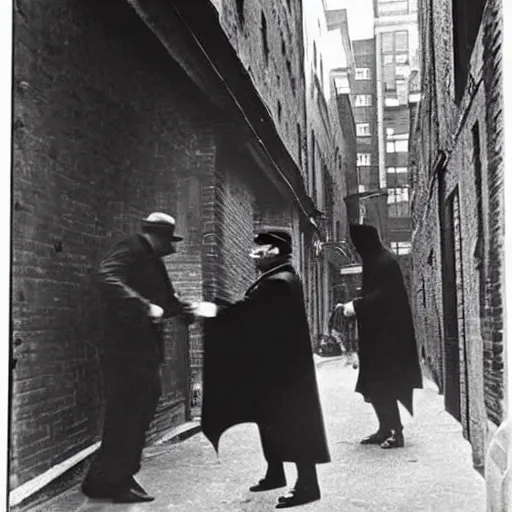 Image similar to old black and white photo, 1 9 2 5, depicting batman fighting a al capone in an alley of new york city, rule of thirds, historical record