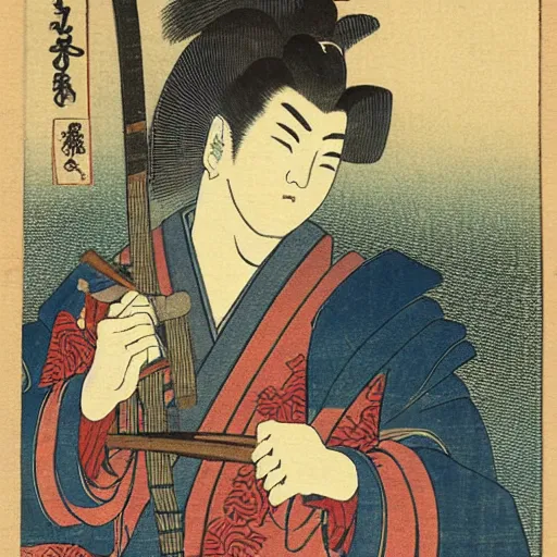 Image similar to Japanese woodblock print of geralt of rivia holding a samurai sword , cherry blossom, Hokusai