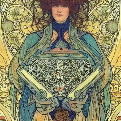 Prompt: beautiful painting of companion - cube!!!!!!!!!!!!!!!!! companion - cube!!!!!!!!!!!!!!!!!, art nouveau. by william morris, andreas rochas, mucha, gaudy colors. intricate linework. sharp edges.