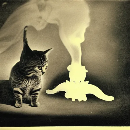 Image similar to lithograph of a cat emitting ectoplasm, haunted cat, ghostly presence, vintage photography