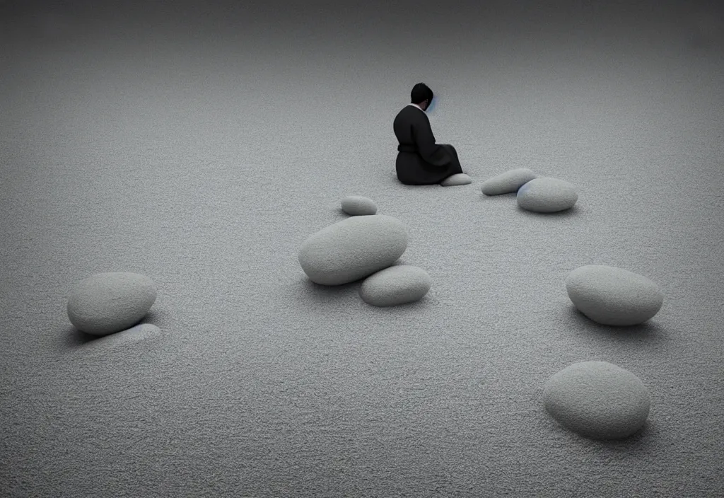 Image similar to portrait of a lone priest raking stones in a zen garden kyoto, japan, a collage painting, in the style of wes anderson, lola dupre, david hockney, isolated on negative white space background dark monochrome fluorescent neon spraypaint accents volumetric octane render