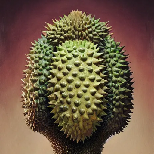 Image similar to Portrait of a strange durian alien creature, head exploding, fine art oil painting, craig wylie, norman rockwell, brush strokes, detailed, octane render, 8K, hard light