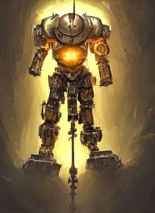 Image similar to full body, dynamic attack position abstract portrait of a intricate glorious holy mechanical warforged with circular glowing eye, character in yellow armor holding a paladin engraved great longsword drawn and carrying a big paladin shield, vertically flat head, face in focus, pit droid, epic , trending on ArtStation, masterpiece, cinematic lighting, by Ross Tran and by Greg Rutkowski