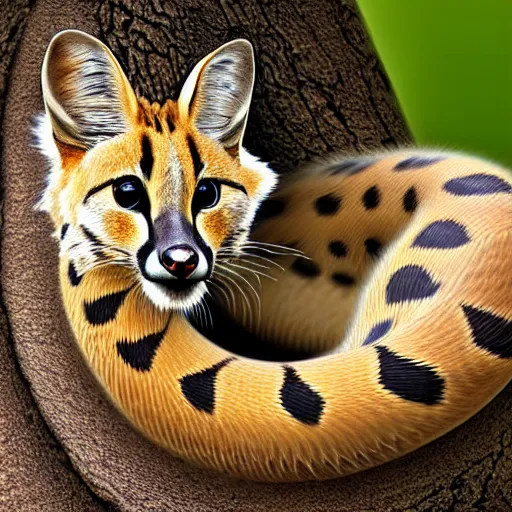 Image similar to photorealistic fantasy digital art of a serval whose torso is extremely long and thin and twisted into a coil, resembling a snake. it is in an oak forest. its tongue is a long forked snake - tongue. realistic high - resolution whimsical image.