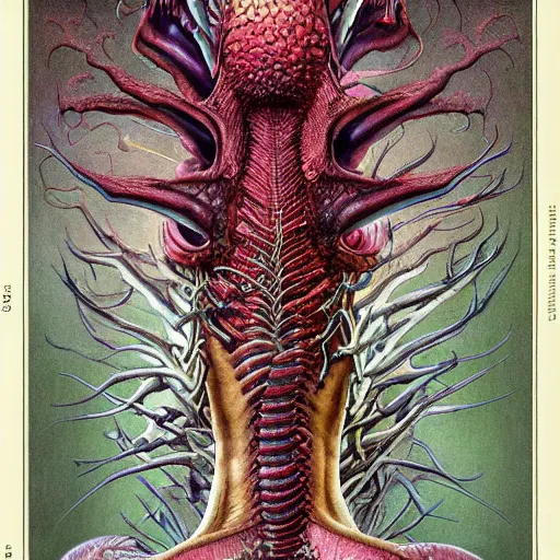 Prompt: nightmare dragon anatomy etherreal iridescent vascular nerve bundles pearlescent spinal chord horror by naoto hattori, zdzislaw, norman rockwell, studio ghibli, anatomical cutaway