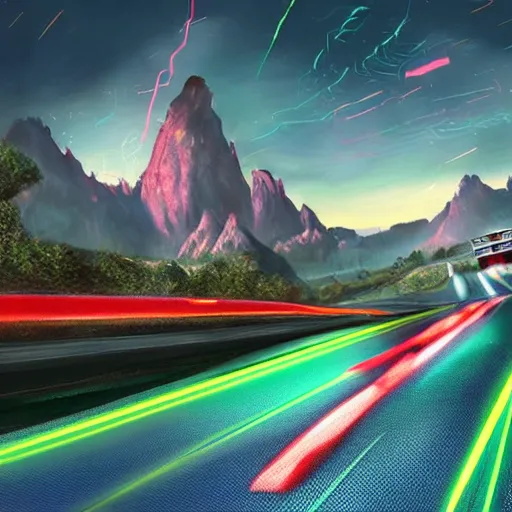 Image similar to https://s.mj.run/cI-BRi9ZEVs dynamic epic speed racer game marketing image with some neon lights on the road, mountains on the background. Concept art sheet study by Blizzard and Ubisoft, complementary color scheme