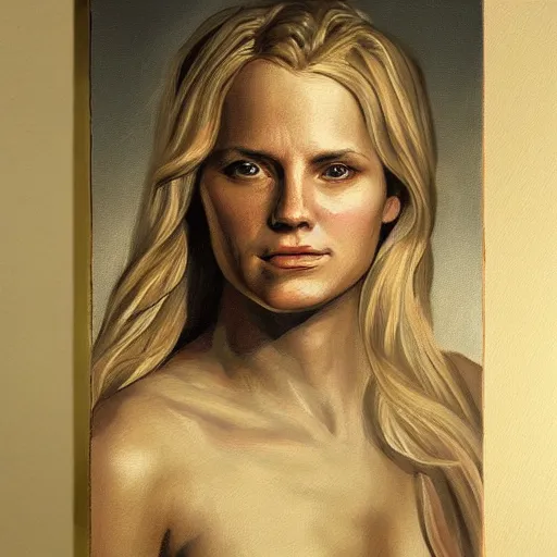 Prompt: samantha benge, a dnd fantasy, chiaroscuro devilish lighting, benge blonde woman perfect epic painting. official portrait, dnd character painting masterpiece. oil on canvas, chiaroscuro style realistic. restored face.