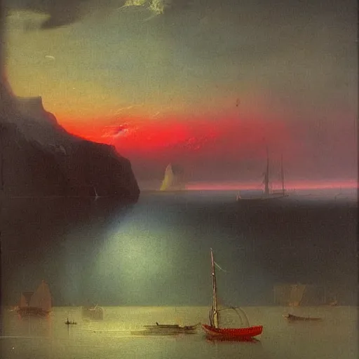 Image similar to minimalist symmetrical red clouds and green ocean in iceland fjord with sailboat painting by ivan aivazovsky