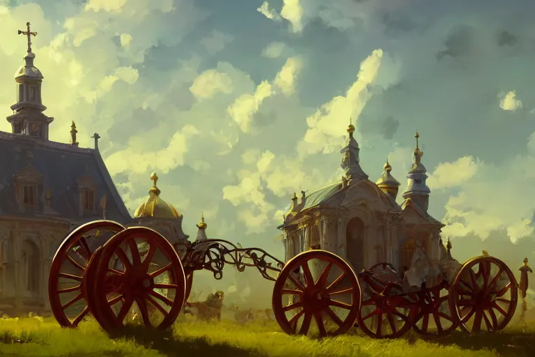 Prompt: a mobile driving ornate baroque church mounted on chainwheels, scene in an open field. key visual, conceptart, ambient lighting, highly detailed, digital painting, artstation, concept art, sharp focus, by makoto shinkai and akihiko yoshida and greg manchess