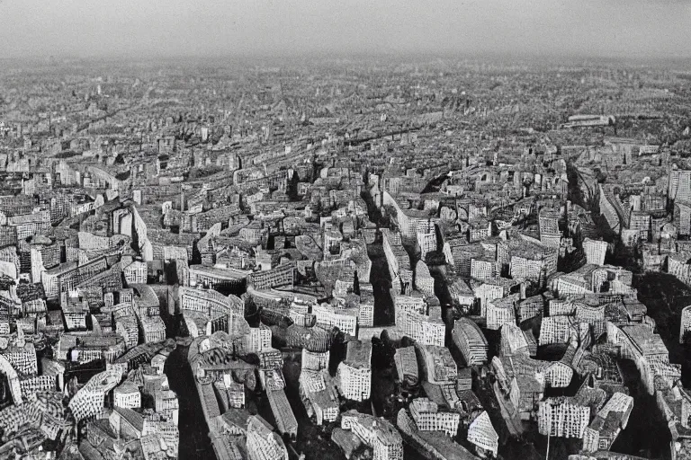 Prompt: bird's eye view photograph of a Soviet city