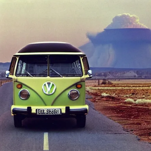 Prompt: the last vw bus on earth, nuclear explosion in the distance