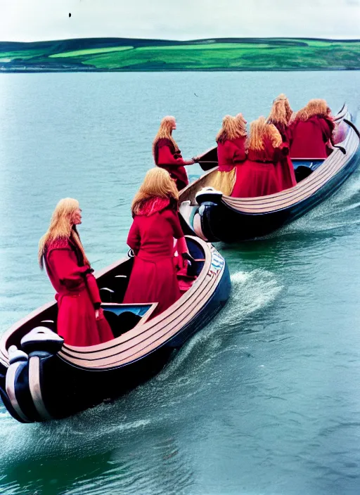 Prompt: photo of viking women in speed boats invading scottland, hyperrealism, fujifilm velvia 5 0