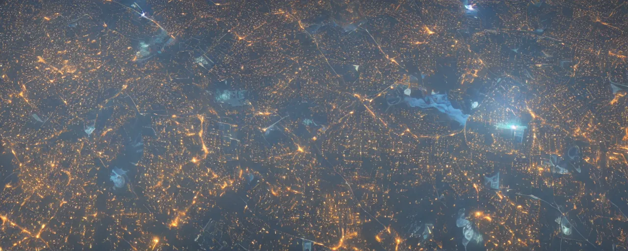 Image similar to a satellite image of city lights, cell automata, unreal engine, octane render, detailed and intricate, cloudy, global illumination, volumetric lighting, hubble telescope images, james webb telescope images, detailed and intricate environment, color graded