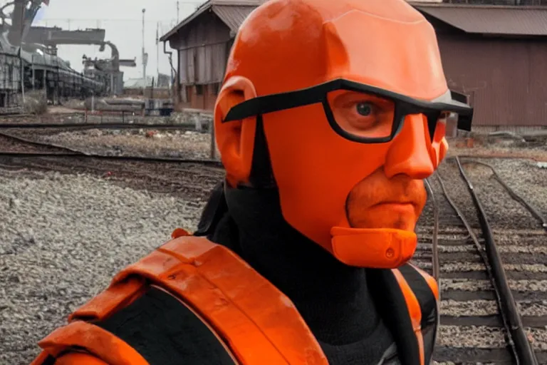 Image similar to vfx movie closeup real life gordon freeman holding wearing futuristic orange and black armor crowbar in russian train yard by emmanuel lubezki