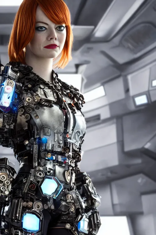 Image similar to emma stone as a cyberpunk warrior wearing armor made out of computer circuits standing on the command deck of a spaceship, cosplay, high resolution film still