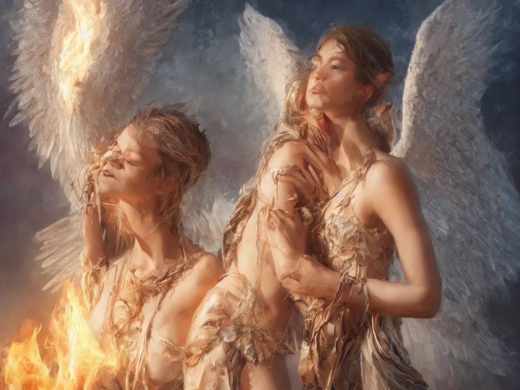 Prompt: angel holding a burning man in his arms, fantasy art, award winning, fantasy magic, intricate, elegant, sharp focus, cinematic lighting, highly detailed, digital painting, concept art, art by wlop and artgerm, masterpiece, trending on artstation, 8 k