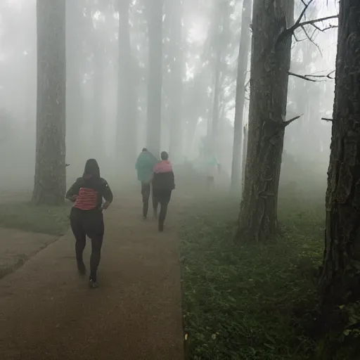 Prompt: a foggy miasma, attacking a group of adventures running through a forest