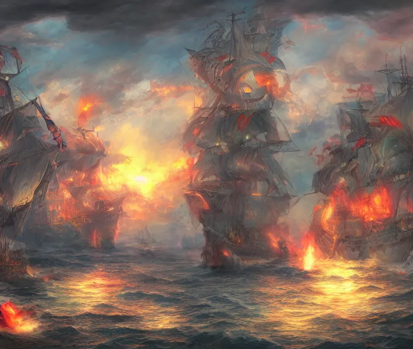 Image similar to Naval epic battle, fantasy concept art, coloful digital painting, highly detailed