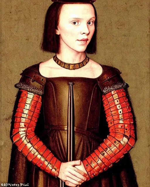 Image similar to medieval portrait of millie bobby brown dressed as a knight, in the style of eugene de blaas