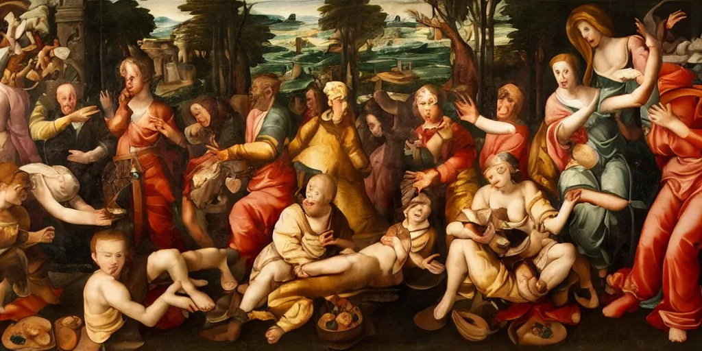 Image similar to renaissance era painting of a food fight