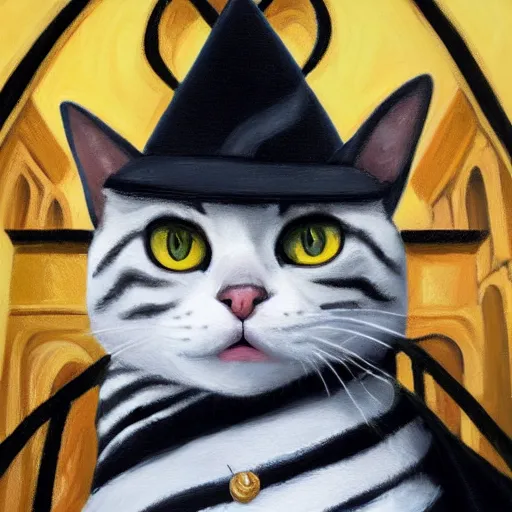 Prompt: oil painting wide shot from below of a white and grey tabby cat wearing a black yellow striped hufflepuff scarf, in front of hogwarts castle, digital painting, high detail, award-winning, playful, deep focus, realistic, hyperrealistic, magical