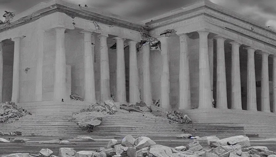 Image similar to destroyed lincoln memorial, hyperdetailed, artstation, cgsociety, 8 k