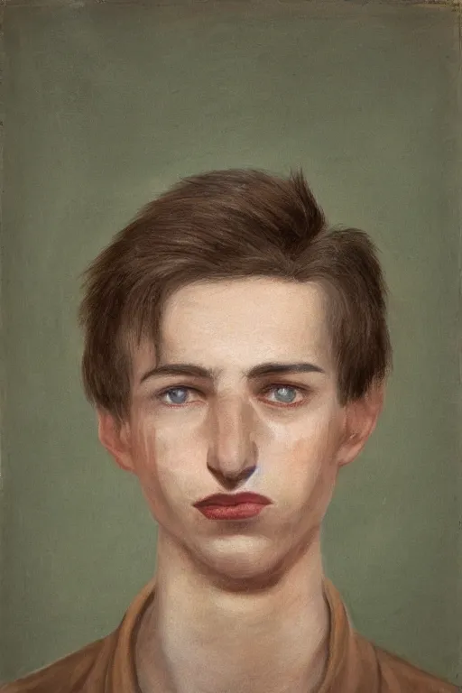 Image similar to Portrait of a Brown hair young male with an anguished face. Round green eyes, set handsomely within their sockets, watch delightfully over the country they\'ve defended for so long. A gunshot left a mark stretching from the bottom of the left cheekbone, first running towards his fairly big lips and ending under his left eye leaving a painful burden of his reckless luck. A true pioneer among goblins. He stands seductively among others, despite his light frame painted by Wayne Barlowe, Greg Rutkowski, zdislav beksinski, Francis Bacon, trending on artstation, artstationHD, artstationHQ, 4k, 8k