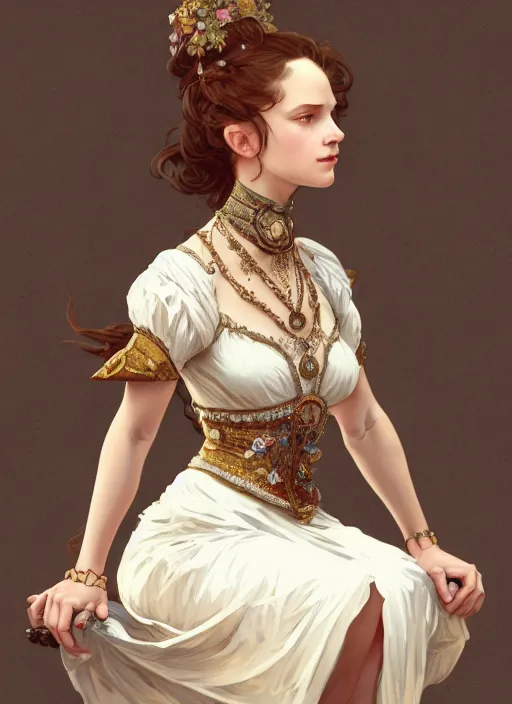 Prompt: portrait of a full body of young beautiful female princess, d & d, baroque dress, flat lighting, intricate, highly detailed, digital painting, artstation, concept art, smooth, sharp focus, illustration, art by simon bisley and greg rutkowski and alphonse mucha, natural tpose