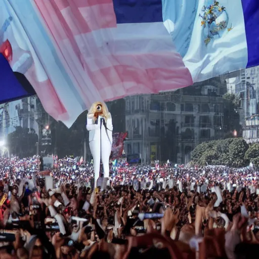 Image similar to Lady Gaga as president, Argentina presidential rally, Argentine flags behind, bokeh, giving a speech, detailed face, Argentina