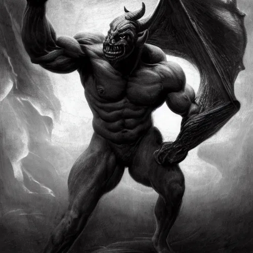 Image similar to full body, grayscale, Gustave Dore, James Daly, muscled humanoid balrog demon, horns, heroic pose, swirling flames