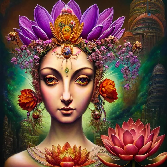 Prompt: Beautiful 3d render of the flower queen goddess on a lotus, centered, symmetry, with the third eye on her forehead, painted, intricate, volumetric lighting, beautiful, rich deep colours masterpiece, sharp focus, ultra detailed, in the style of Dan Mumford, Mark ryden and marc simonetti, with a clear crowded futuristic cyberpunk dubai city in the background, astrophotgraphy