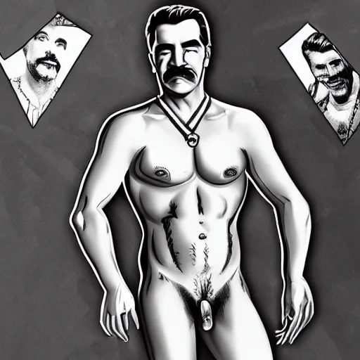 Image similar to lgbt art, tom of finland style, stalin, in billy herrington body, art in 4 k, high quality