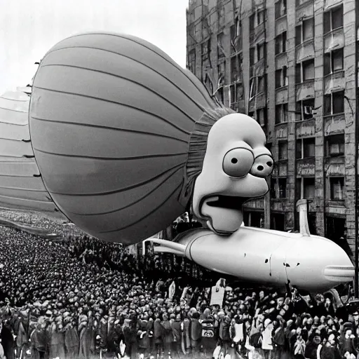 Prompt: Homer Simpson Blimp in the Macy's Thanksgiving Day Parade 1953