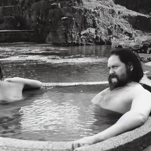 Image similar to big sir sitting in a hot spring with a super model, film still