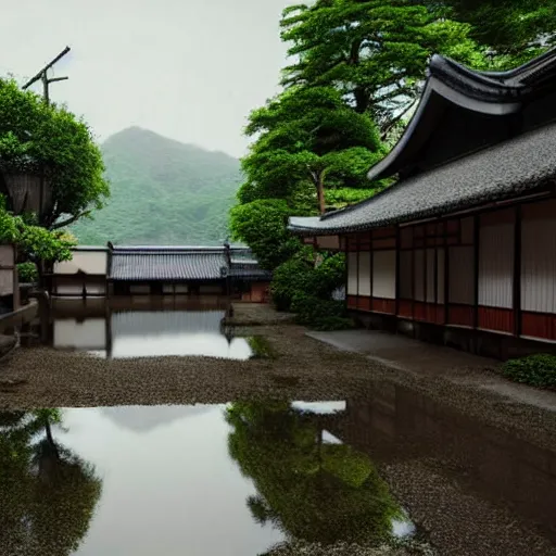 Image similar to still photo of rain puddles and reflections in a japanese village, cloudy weather, highly detailed, photorealistic shot, bright studio setting, studio lighting, crisp quality and light reflections, unreal engine 5 quality render