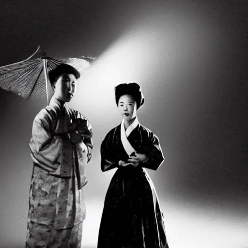 Prompt: a woman in traditional hanbok in the fog and a giant starfish Kaiju monster emerging above, 1950s Korean film noir in the style of Orson Welles and Ishirō Honda
