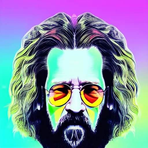 Image similar to a colorful closeup portrait of the dude from the big lebowski. he holds all the wisdom of the world in his eyes. dreamy vibes floating head and dreaming psychedelic hair. halo behind his head. trending on artstation. intricate detail. hyperrealistic 8 k. flat design