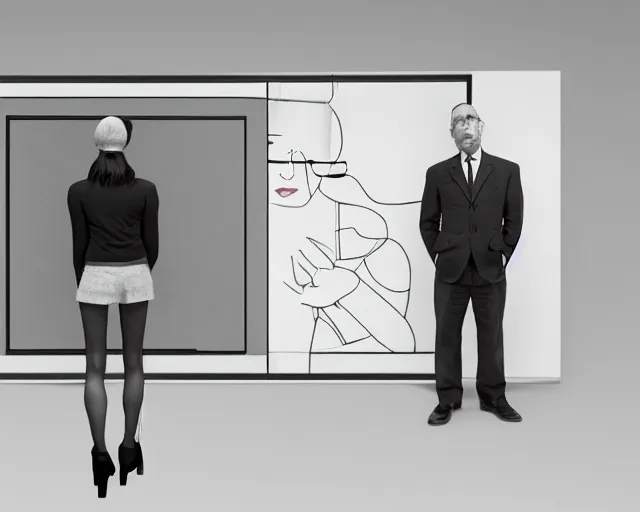 Image similar to a man standing next to a woman in front of a whiteboard, a computer rendering by Richard Artschwager, behance, modular constructivism, matte drawing, matte painting, studio portrait, diorama