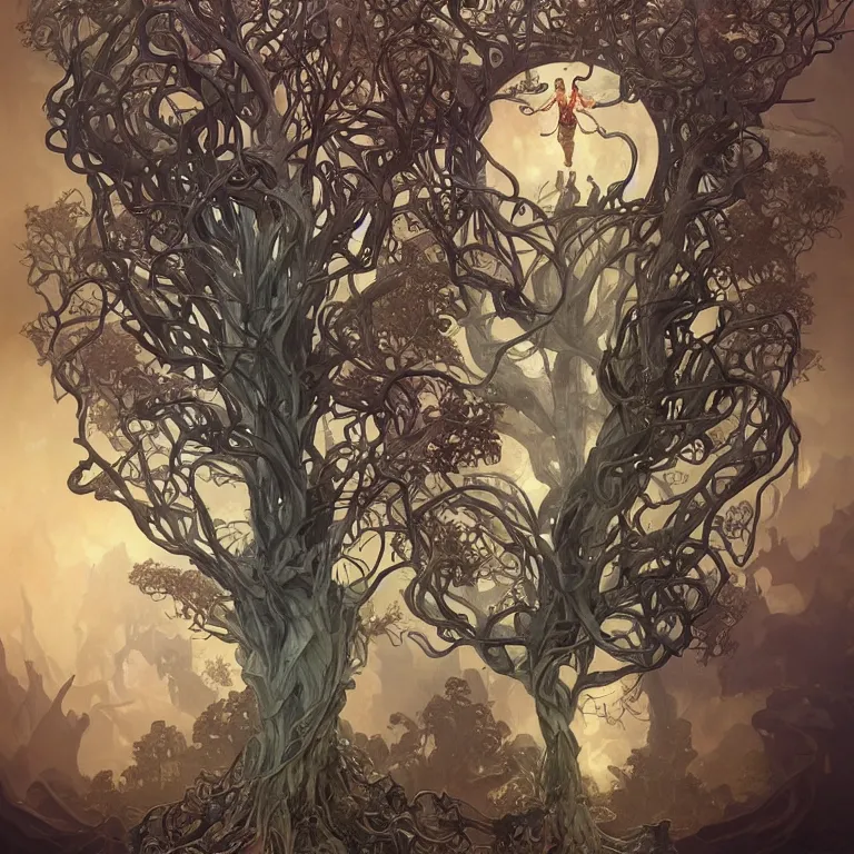 Image similar to a twisted tree of life growing from a mug of hot chocolate, concept art, by Peter Mohrbacher and Alphonse Mucha, detailed, style, 8k, trending on artstation, unreal engine 4k, detailed, clean background trending, full shot, symmetrical portrait, sophisticated, Unreal engine, dystopia, anti-utopia, post processing, psychadelic