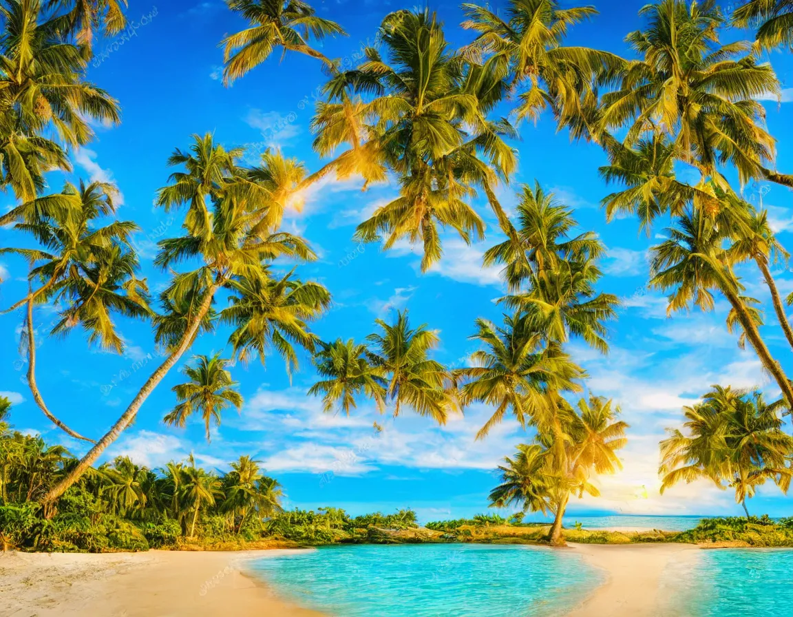 Prompt: photo of ultra realistic heart / shaped sandy beach island with exotic palm tree, sunset lighting