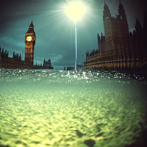 Image similar to big ben deep underwater, dredged seabed, shot on gopro9, moody lighting, 8k, very very very highly detailed, hyper realistic realistic