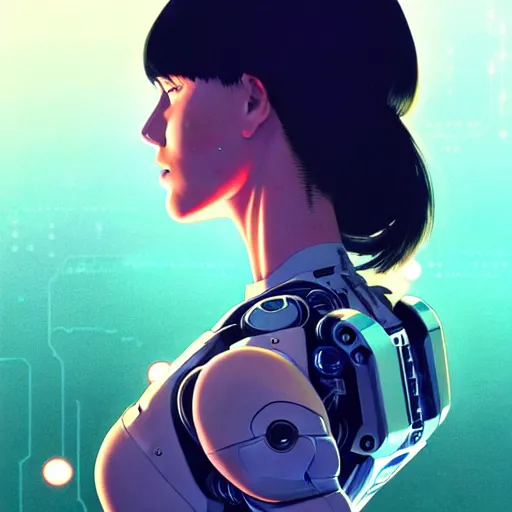 Image similar to side portrait scifi cyborg girl with robotic parts and spacesuit | | head only in center of image, audrey plaza, fine detail!! anime!! realistic shaded lighting!! poster by ilya kuvshinov katsuhiro otomo ghost - in - the - shell, magali villeneuve, artgerm, jeremy lipkin and michael garmash and rob rey