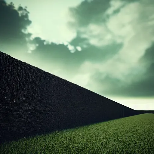 Image similar to an endless very tall wall far away. in a field, dramatic lighting. cloudscape, dystopian, grim, dark, full frame camera, 1 9 9 0 s, award - winning photograph, octane render, 4 k