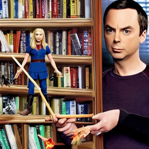 Image similar to still from The Big Bang Theory of Sheldon Cooper playing with his Buffy the Vampire Slayer action figures, high quality