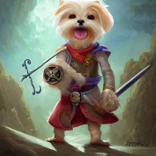 Image similar to cute little anthropomorphic one Maltese Terrier and one tabby cat, wielding a magic staff, tiny, small, short, Wizard robe, cute and adorable, pretty, beautiful, DnD character art portrait, matte fantasy painting, DeviantArt Artstation, by Jason Felix by Steve Argyle by Tyler Jacobson by Peter Mohrbacher, cinema