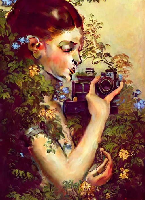 Image similar to hyper realistic photographer looking through a vintage camera, design on white background, beautiful details, lush foliage, gold, drawn by john singer sargent, tom bagshaw, norman rockwell, alphonso mucha, lolish, trending on artstation