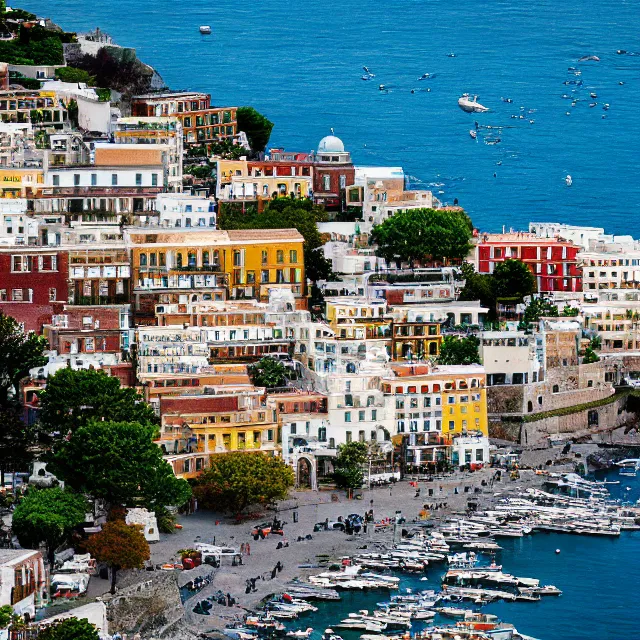 Image similar to portsmouth new hampshire colonial city on positano italy cliff, ocean cliff view, maple trees along street, chimneys on buildings, cobblestone street, light cinematic, volumetric, realistic, cinematic lighting, ray tracing, unreal engine 5, octane render, hyper realistic, photo, 8 k