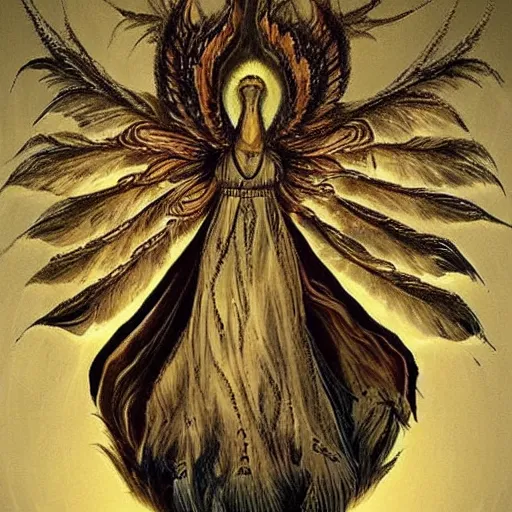 Prompt: giant imposing seraphim with many eyes and many wings, eyes for feathers, glowing, terrifying